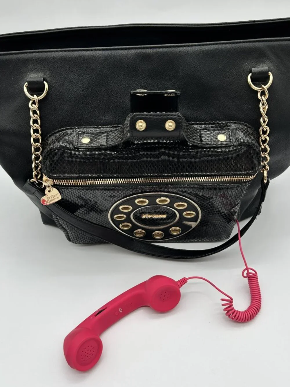 Betsey Johnson Hold Please Telephone Tote Bag - Black Snake Embossed Kitsch